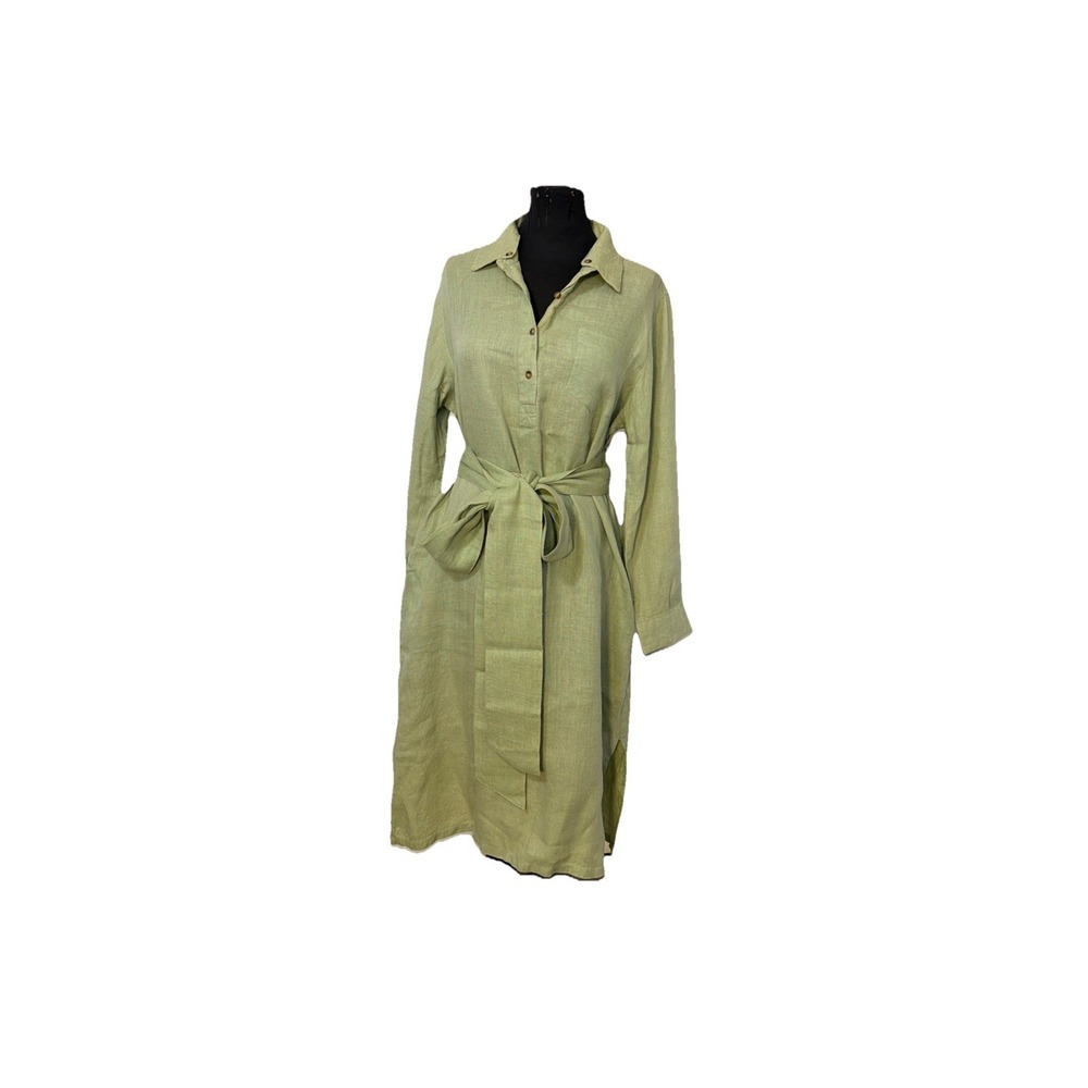 Vintage Orvis Linen Silk Dress 14 Green Belted Button Long Sleeve Lagenlook Boho